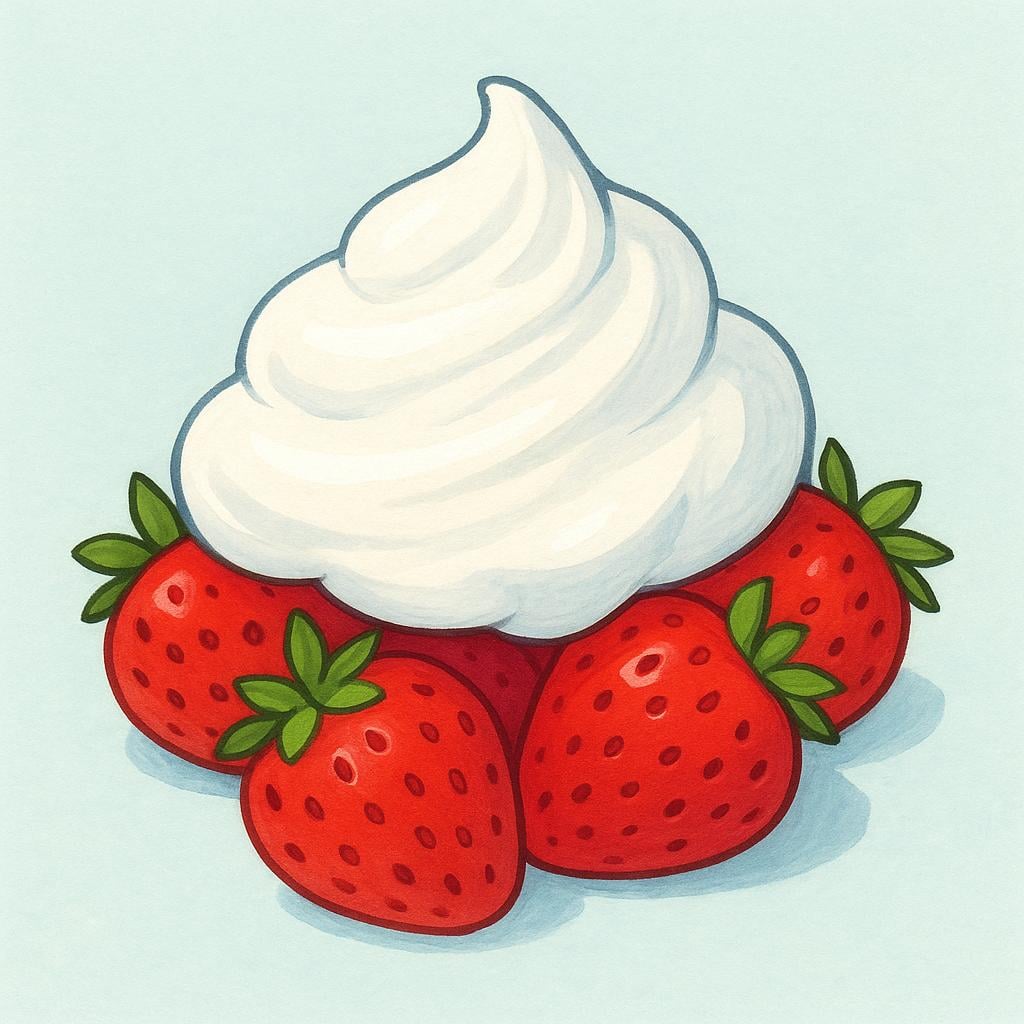 A close-up view of thick white dairy cream poured over bright red strawberries.