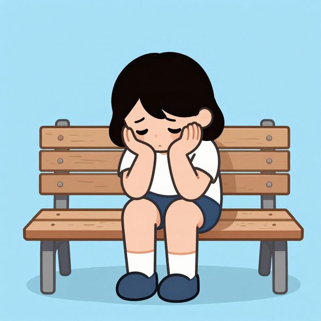 A sad character sitting alone on a small wooden bench with their head down in their hands.