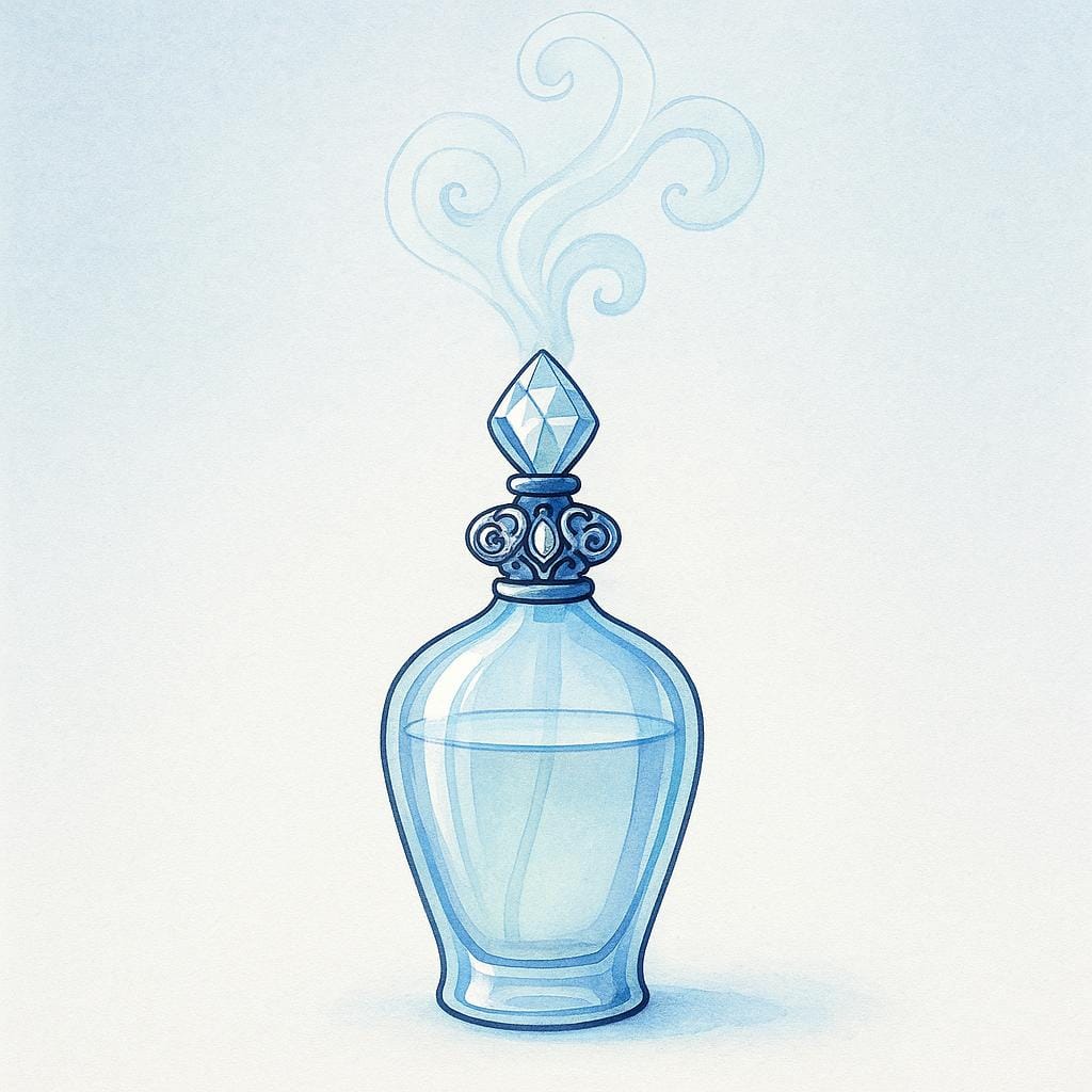 A high quality storybook illustration of an ornate, clear glass perfume bottle with a decorative stopper, sitting on a surface. A soft, fragrant mist is depicted rising from the atomizer.