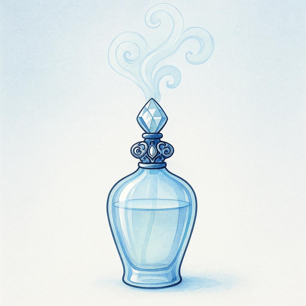 A high quality storybook illustration of an ornate, clear glass perfume bottle with a decorative stopper, sitting on a surface. A soft, fragrant mist is depicted rising from the atomizer.