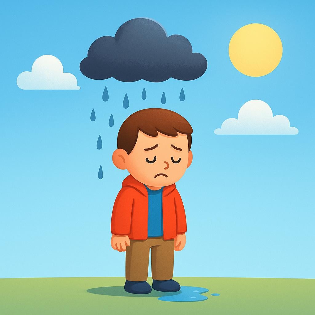 A cartoon person standing under a small, isolated dark rain cloud that is pouring rain only on them, depicting a terrible situation.
