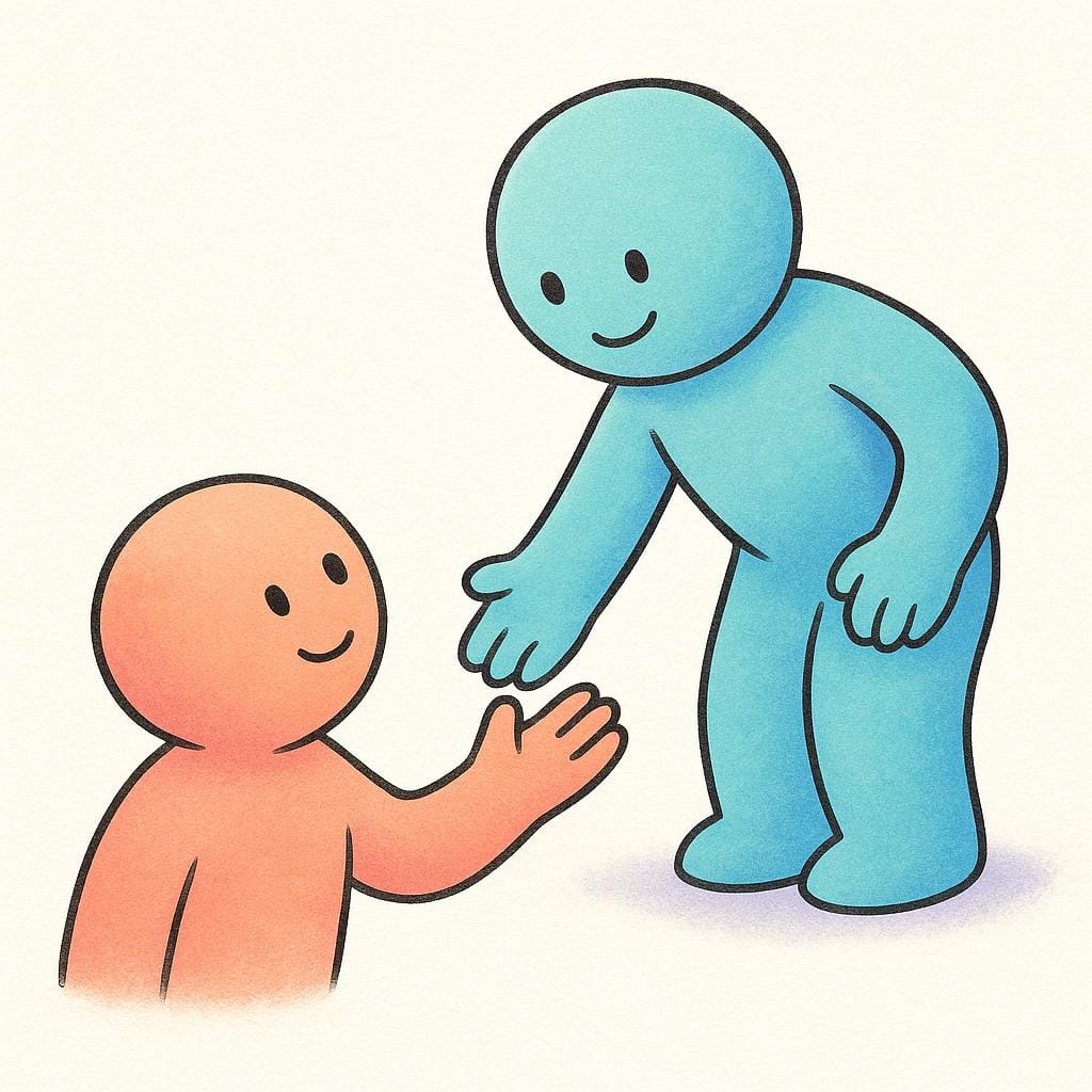 도움 요청을 상징하는, 도움을 주기 위해 손을 내미는 더 큰 인물을 향해 위로 뻗는 작은 인물의 모습.