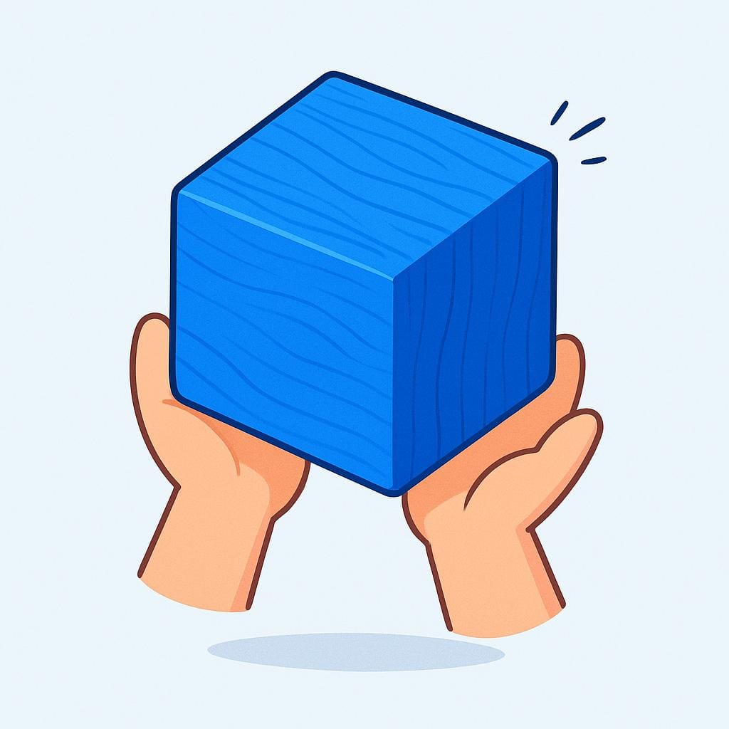 Ein Paar Zeichentrickhände, die einen einfachen, leuchtend blauen Holzblock hoch in die Luft heben.