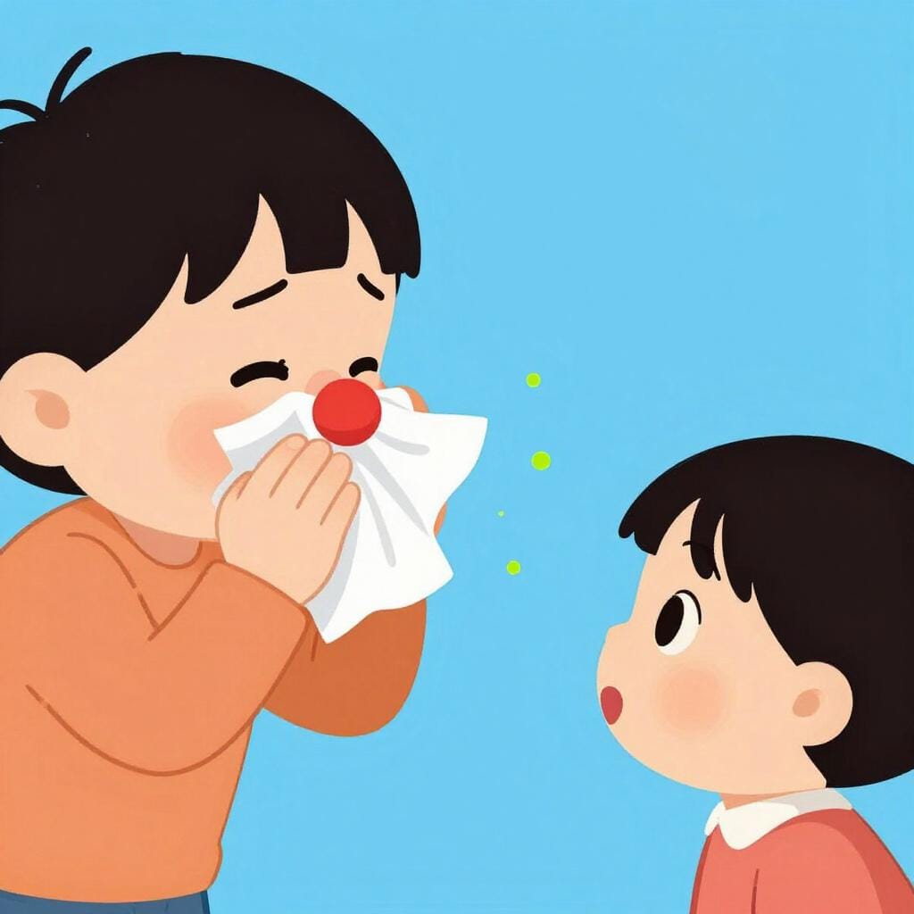 咳をしている子供がティッシュに鼻をかんでおり、別の子供が近くに立っている様子。風邪の広がりを表しています。