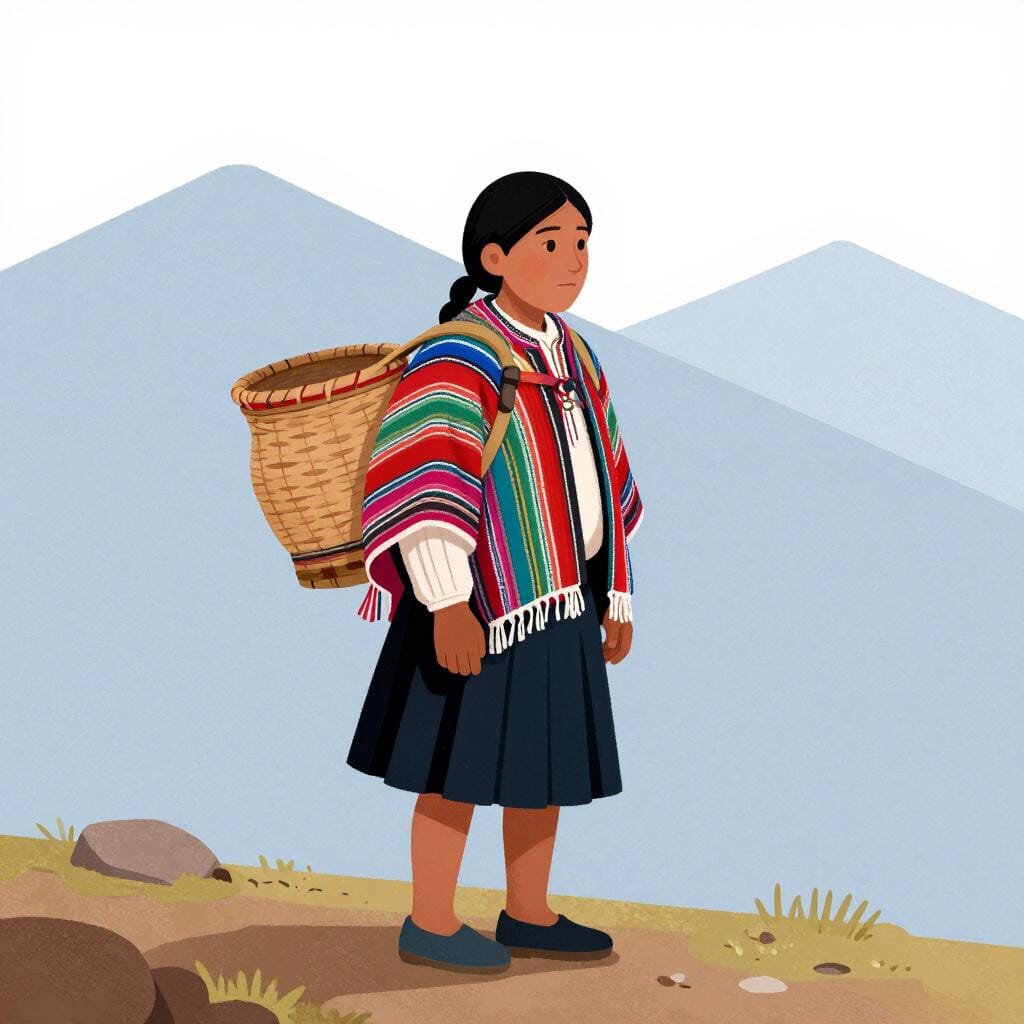 An indigenous Andean person wearing a colorful poncho and carrying a small woven basket on their back, standing against a mountain landscape.