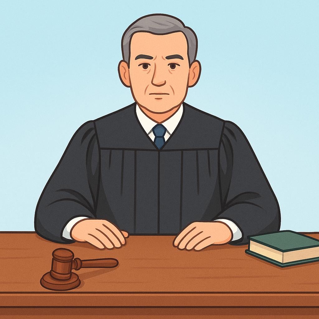 A colorful storybook illustration showing a stern judge in a black robe sitting behind a large wooden bench. A small wooden gavel rests on the bench, representing a magistrate addressed as 'Your Honor'.