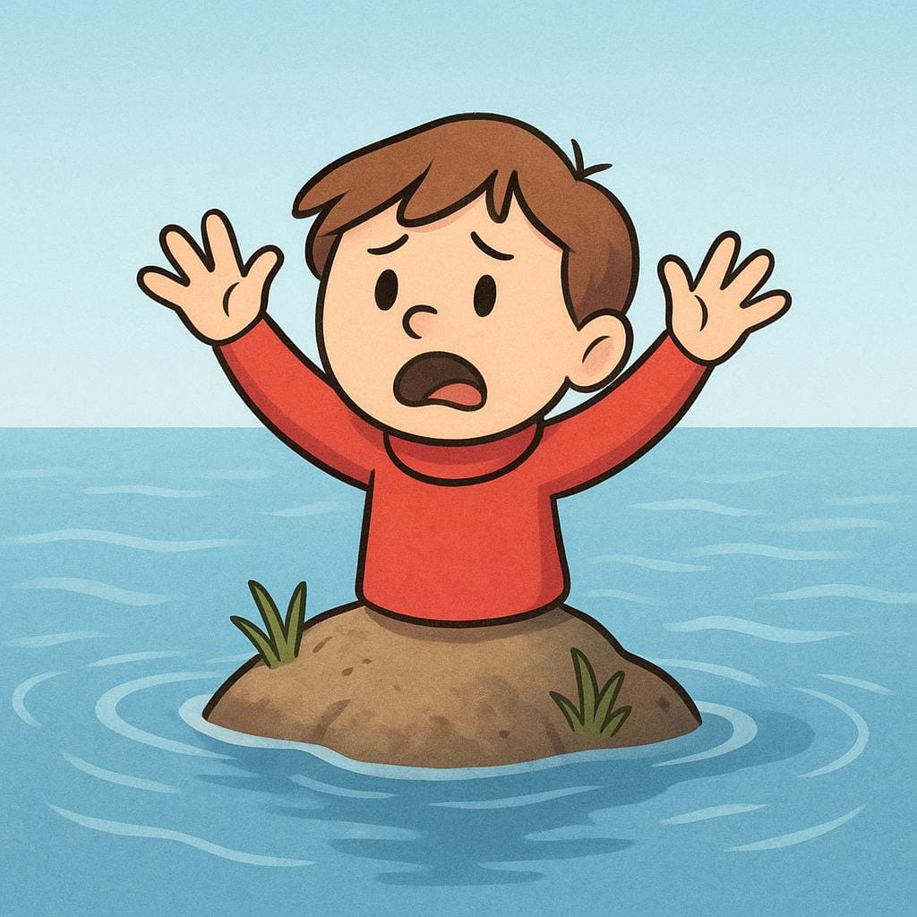 A simple storybook illustration of a small figure urgently waving both arms while standing alone on a tiny rock surrounded by water, signaling distress and calling for help.