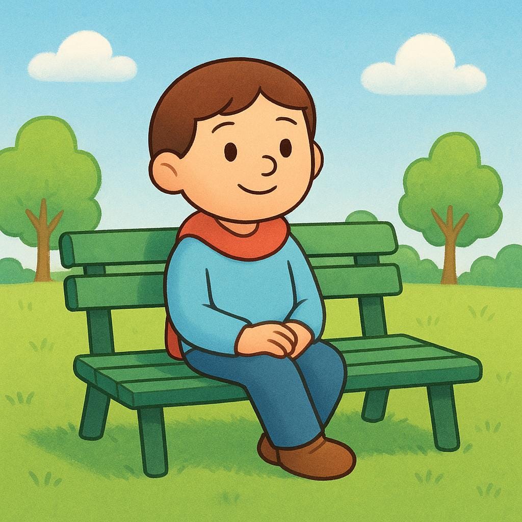 A smiling, friendly cartoon character sitting alone on a green park bench in the sunlight, looking relaxed and unoccupied.