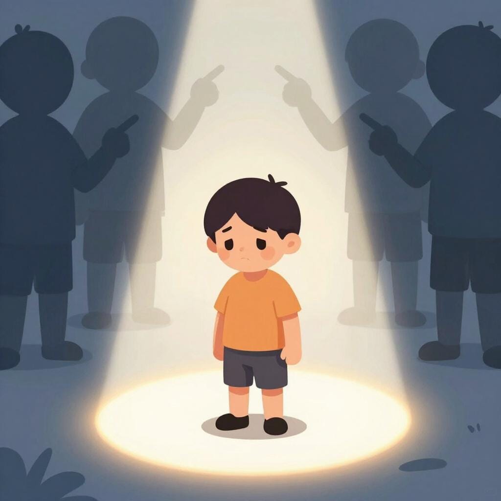 A sad person standing alone in a spotlight while others in the shadows point and laugh.