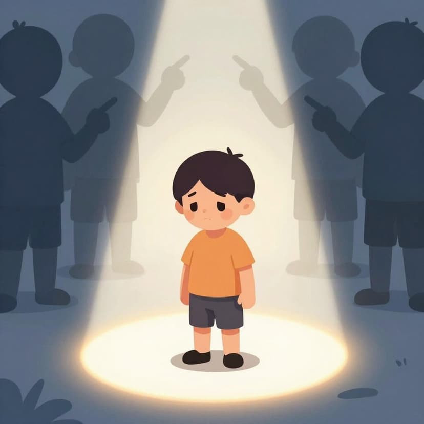 A sad person standing alone in a spotlight while others in the shadows point and laugh.