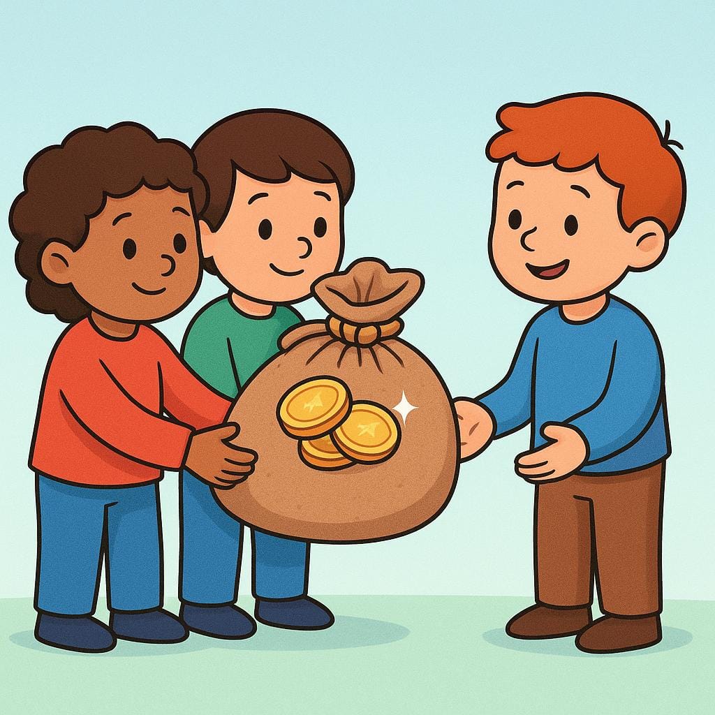 Zwei kleine Figuren halten gemeinsam einen großen, gebundenen Sack Münzen hoch und präsentieren ihn einer einzelnen Figur, die ihnen gegenübersteht, was die Rückzahlung einer Schuld symbolisiert.