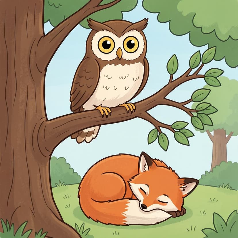 An owl sitting on a branch above a sleeping fox.