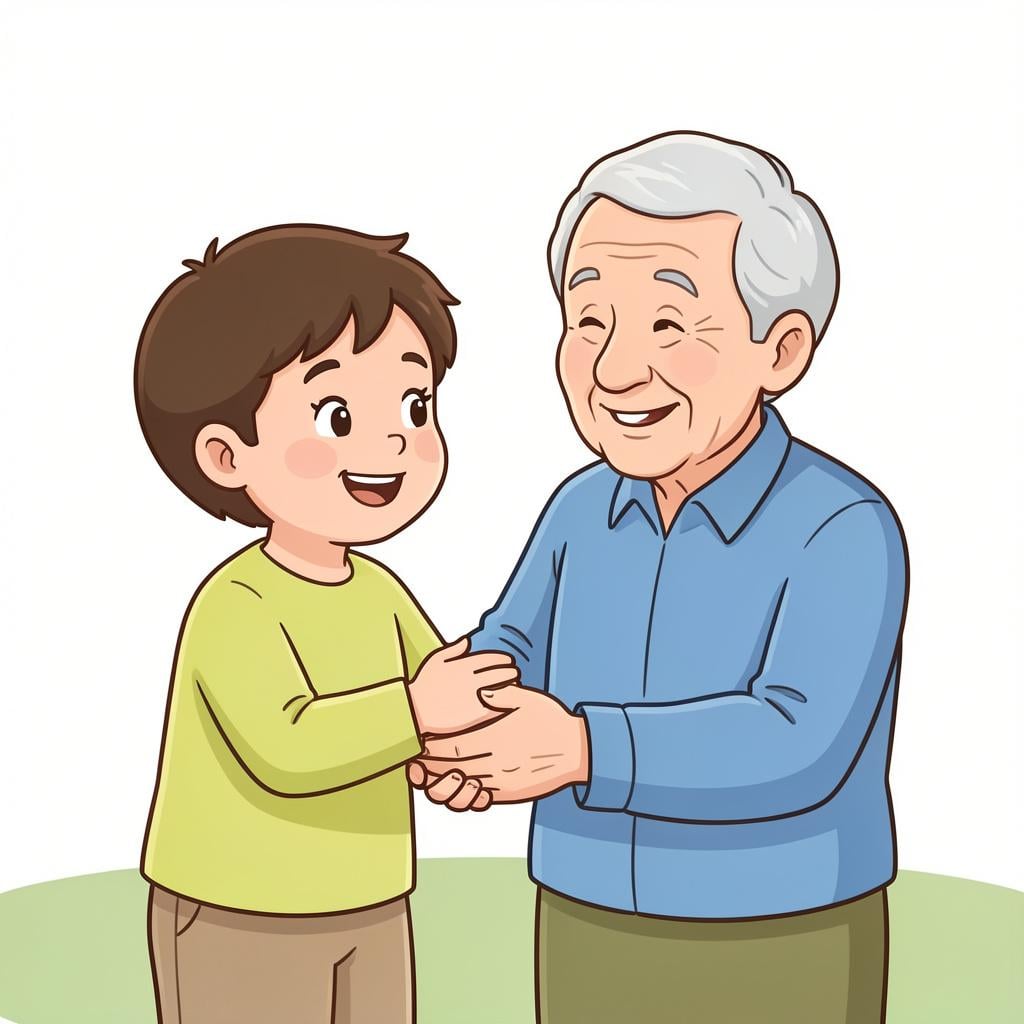 A child helping an elderly person cross the street, showing mutual smiles.