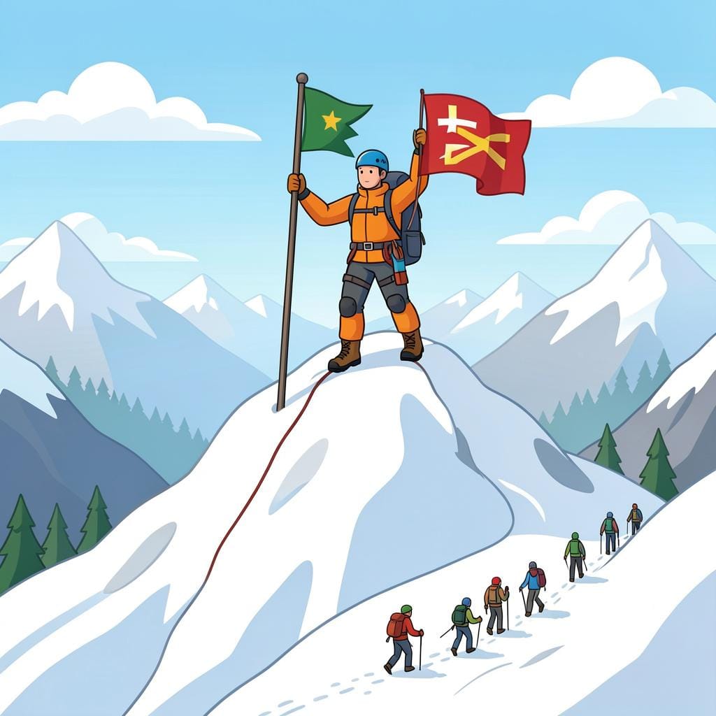 A colorful illustration of a mountain climber reaching the high, snowy peak while others are still at the base.