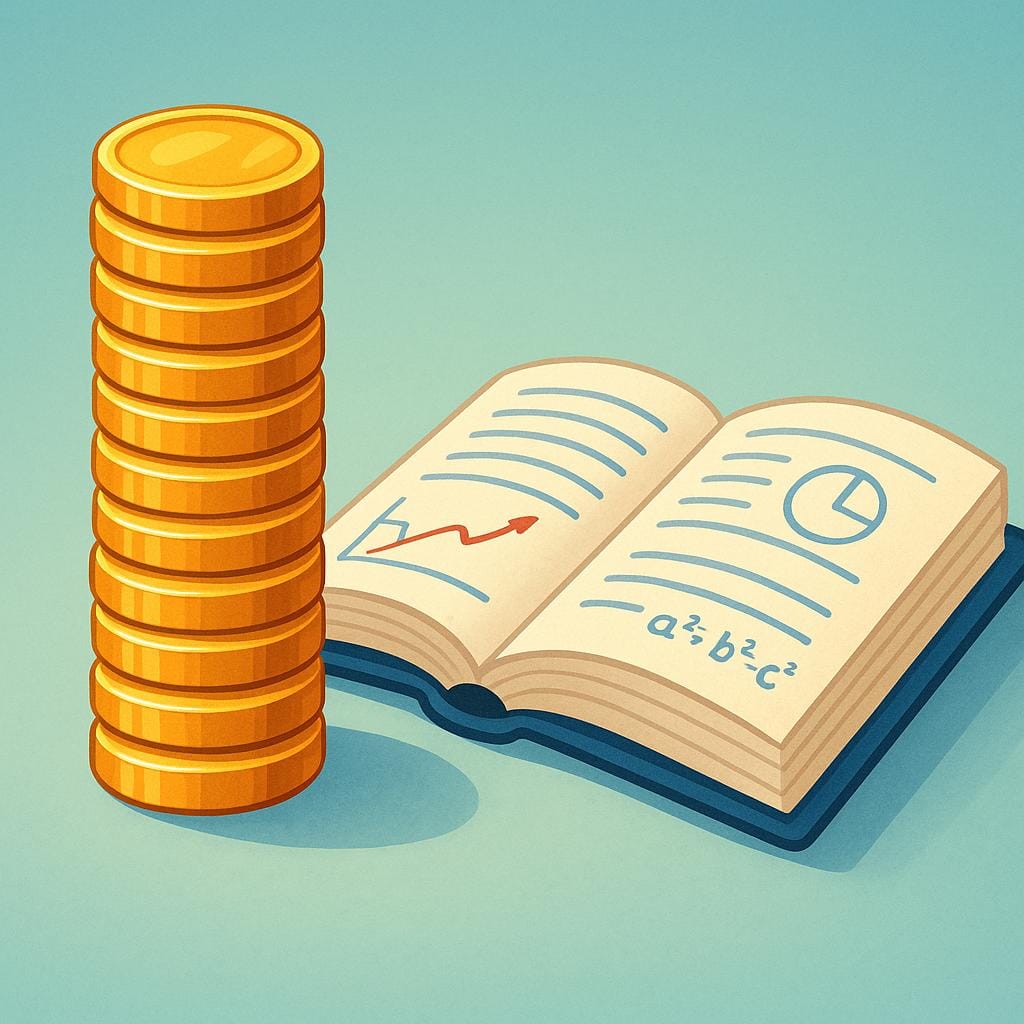 A tall stack of shining gold coins resting beside a large, open academic textbook.