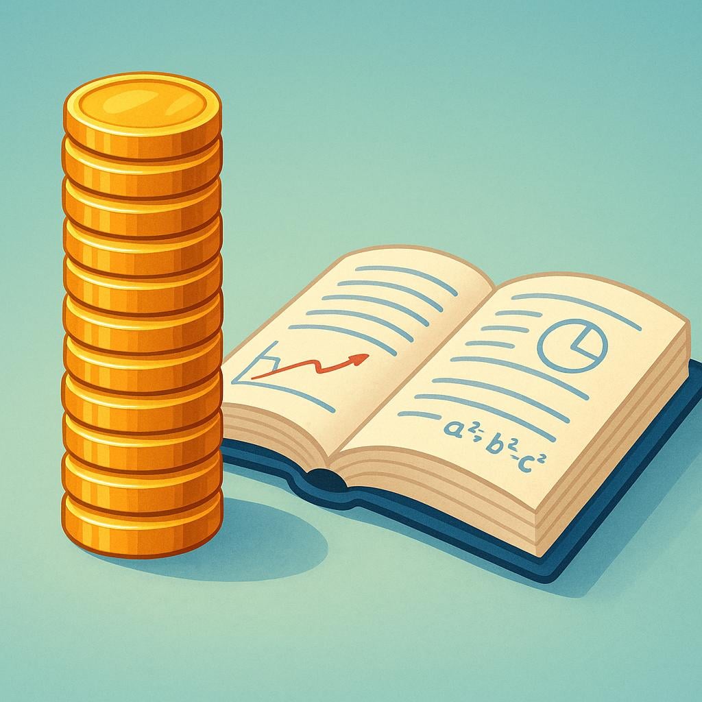 A tall stack of shining gold coins resting beside a large, open academic textbook.