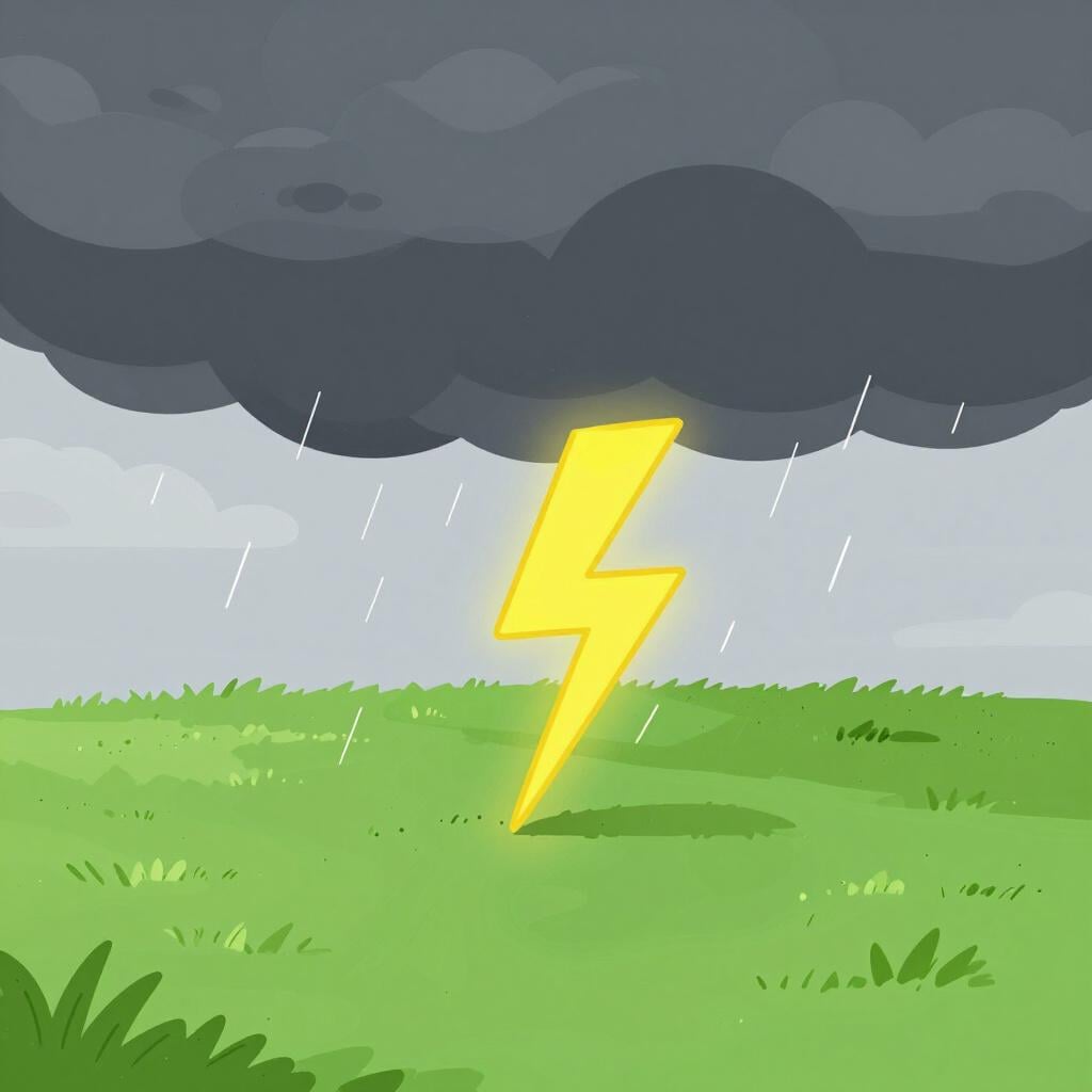 Large dark clouds with heavy rain and a bright yellow lightning bolt over a green field.
