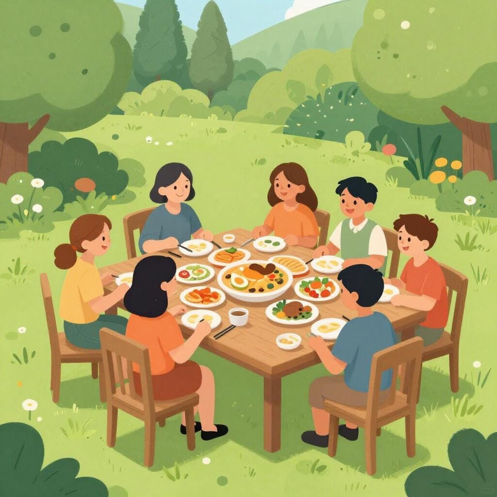 A group of diverse people sitting together at a long wooden table outdoors sharing a large meal.