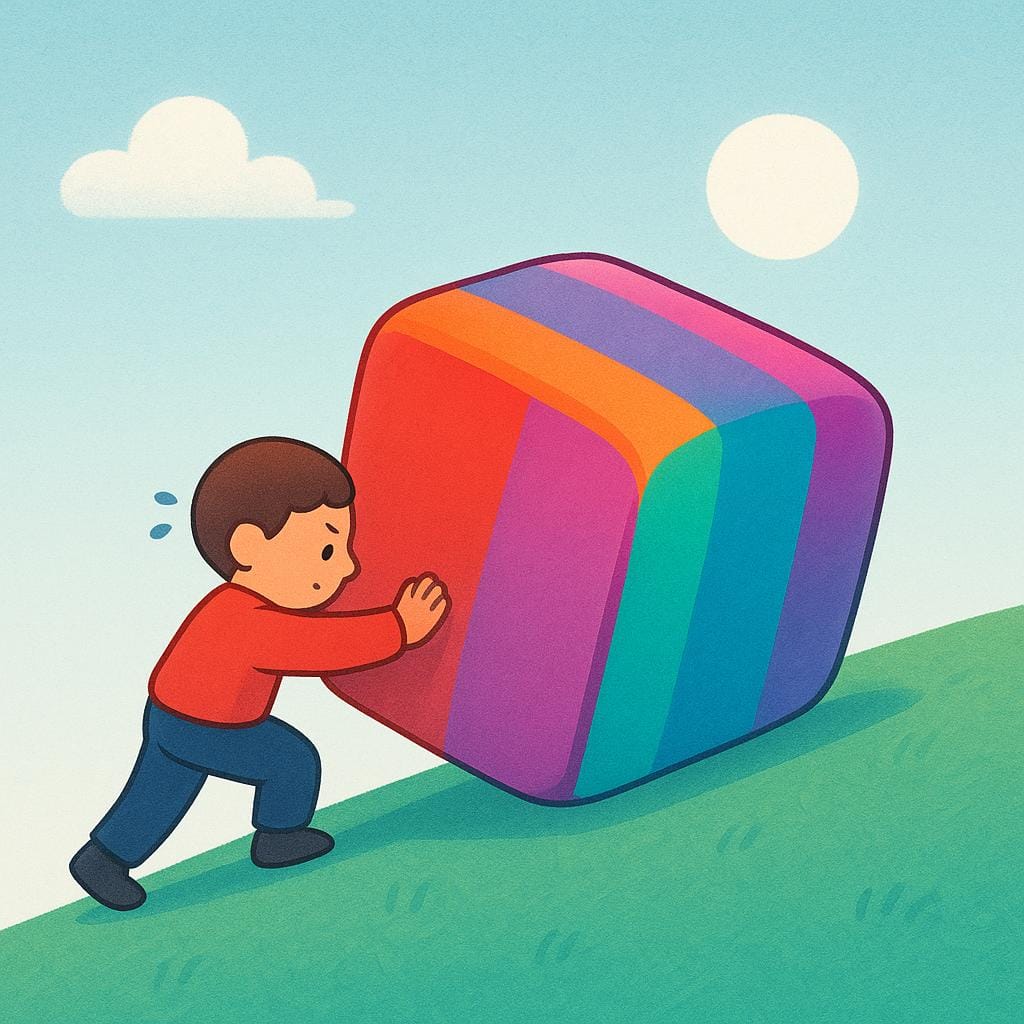 Eine kleine Figur, die sich leicht anstrengt, während sie erfolgreich einen großen, bunten Block einen Hügel hinaufschiebt, was den inneren Antrieb und die mentale Stärke symbolisiert.