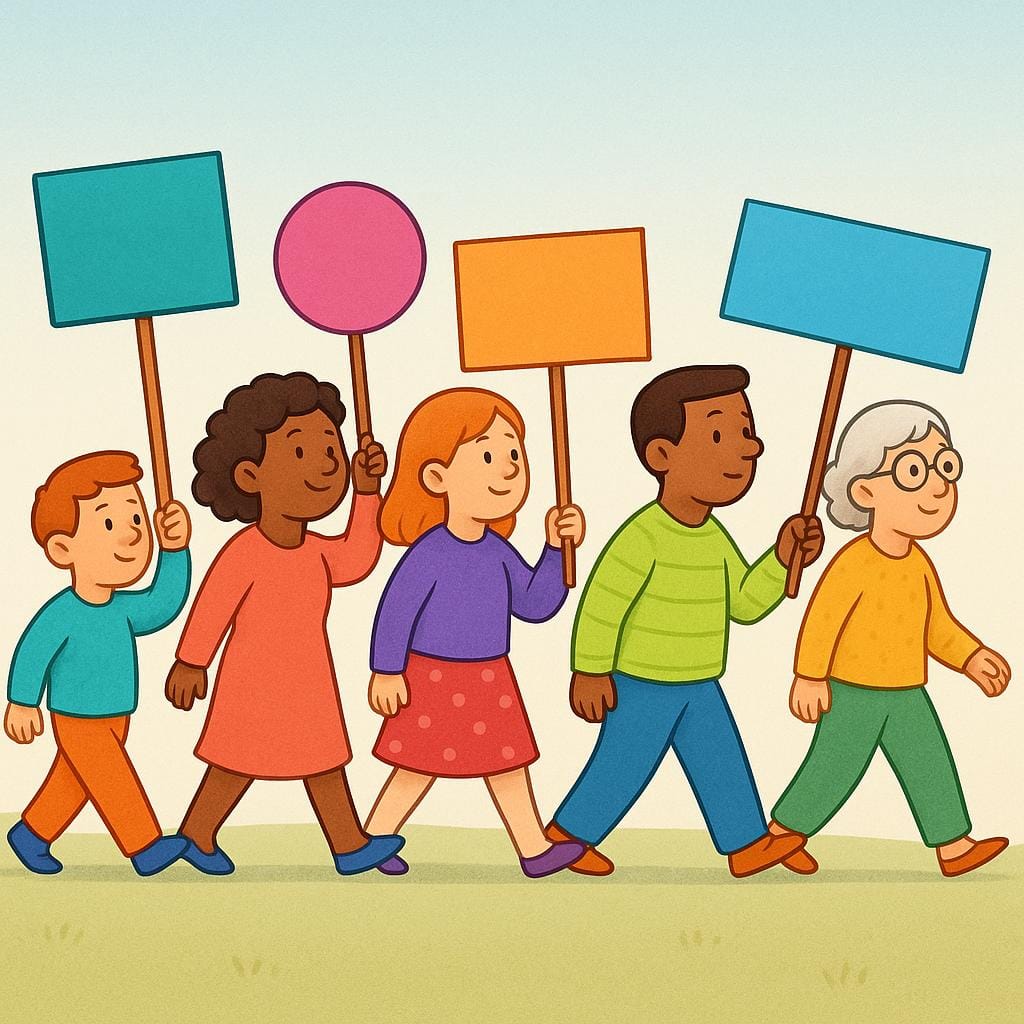 A group of diverse, stylized people walking together in a line, holding up blank, colorful signs, illustrating a public demonstration or protest.