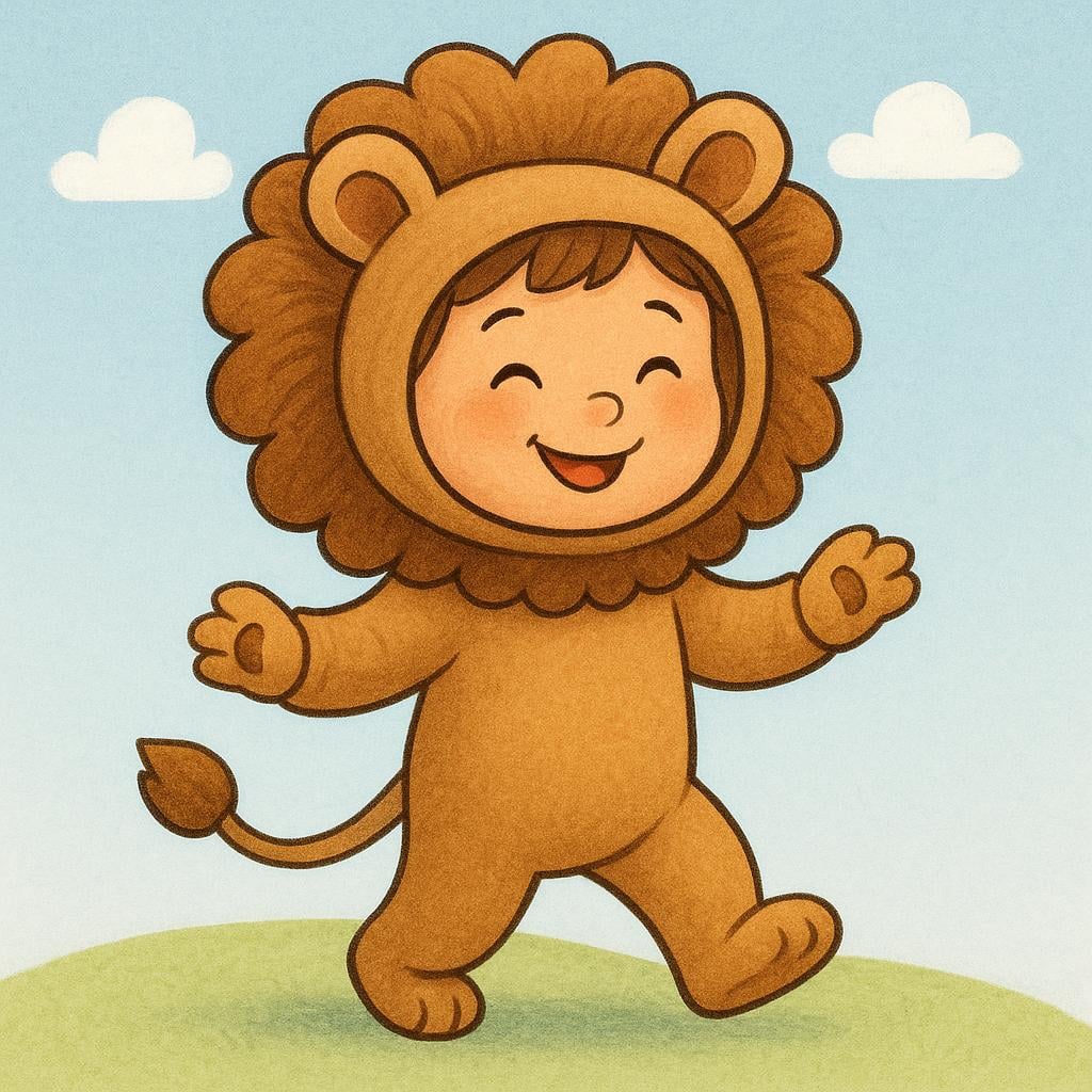 A happy child wearing a fluffy, full-body lion costume with a mane and tail, ready for a party.