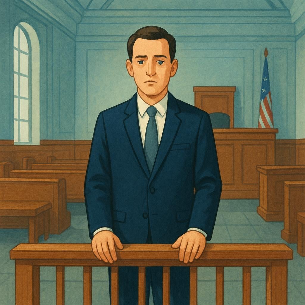 A worried man standing formally behind a wooden railing in a courtroom, representing a defendant.
