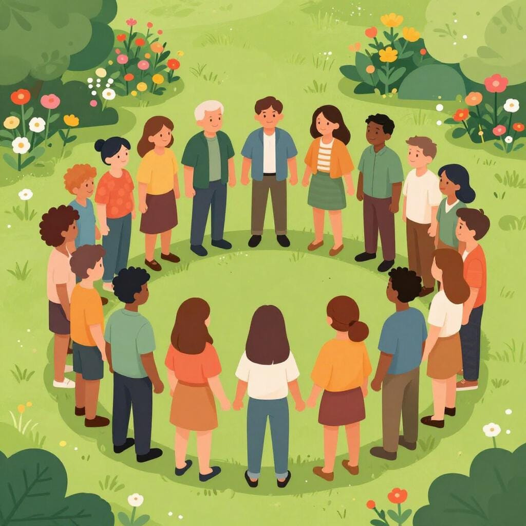 Un gruppo eterogeneo di persone in piedi insieme in un cerchio pacifico all'interno di un giardino tranquillo.