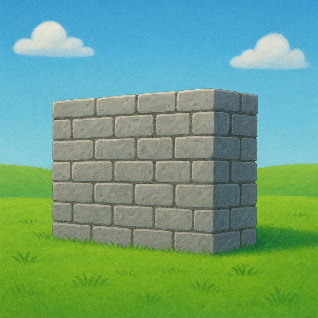 A simple illustration of a thick, gray stone wall separating two sides of a grassy field under a sunny sky.