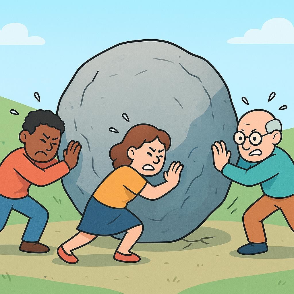 Three cartoonish people dressed in colorful clothes are standing around a massive gray boulder, attempting to push it sideways with ineffective effort.