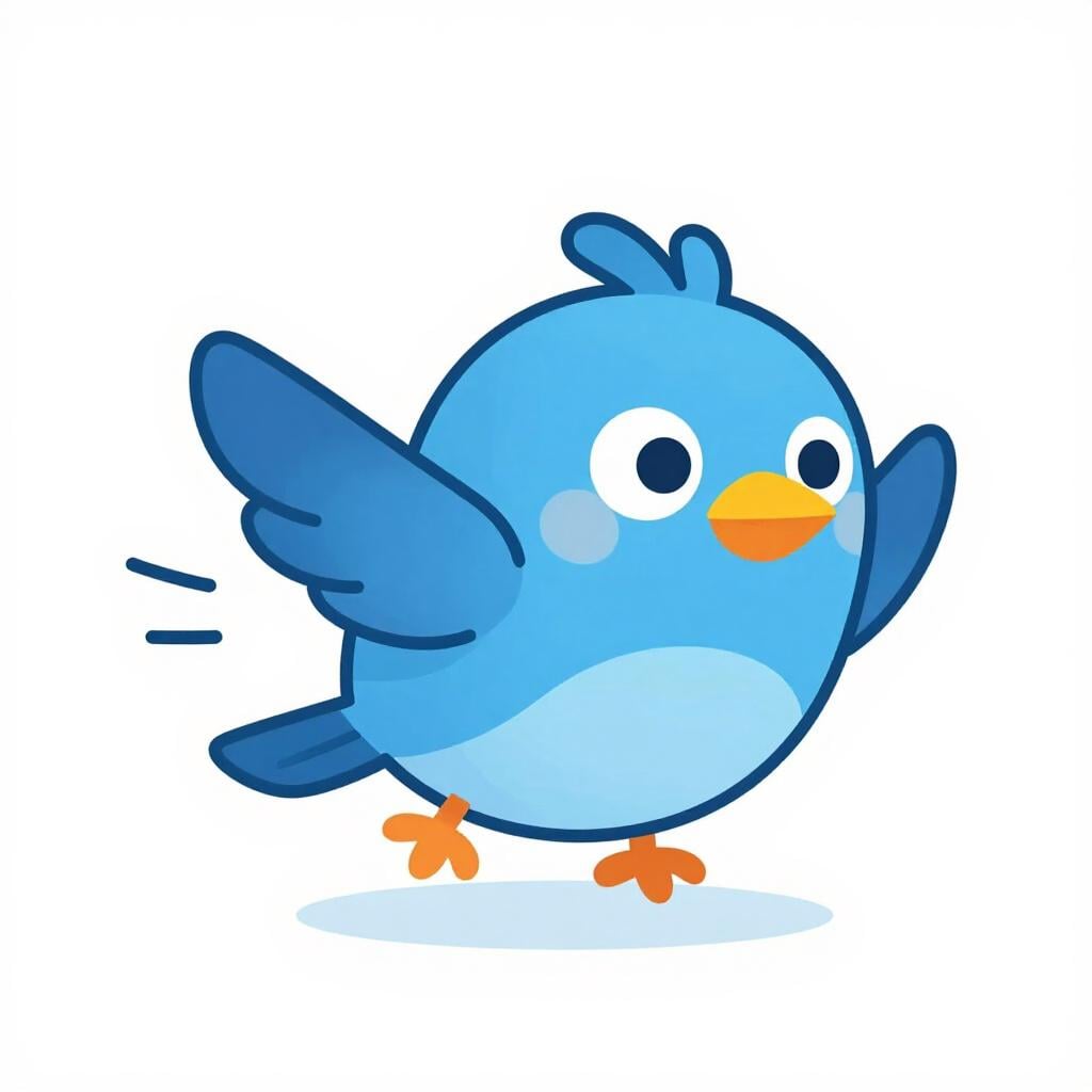 A colorful hand-drawn cartoon character of a smiling blue bird mid-flight with motion lines.