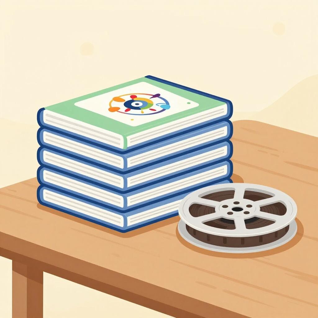 테이블 위에 쌓여 있는 DVD와 필름 릴.
