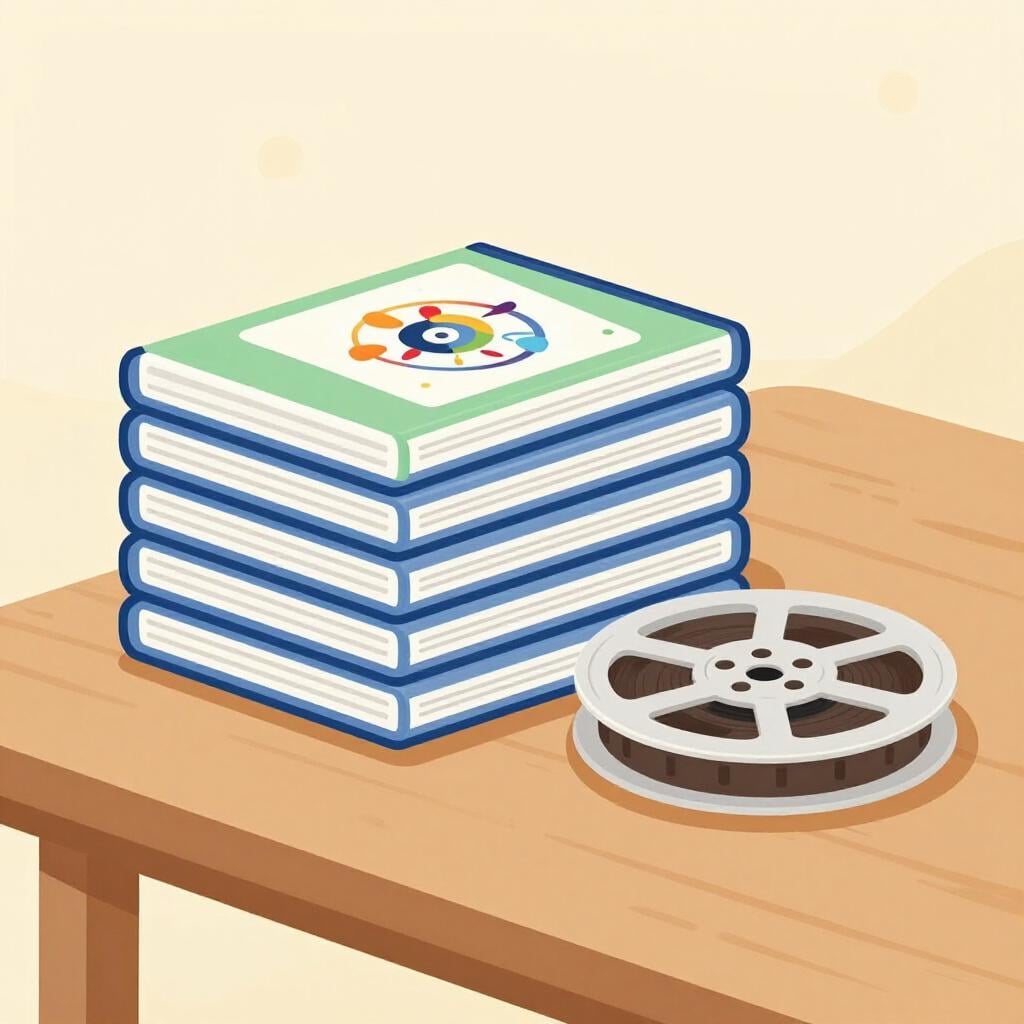 테이블 위에 쌓여 있는 DVD와 필름 릴.