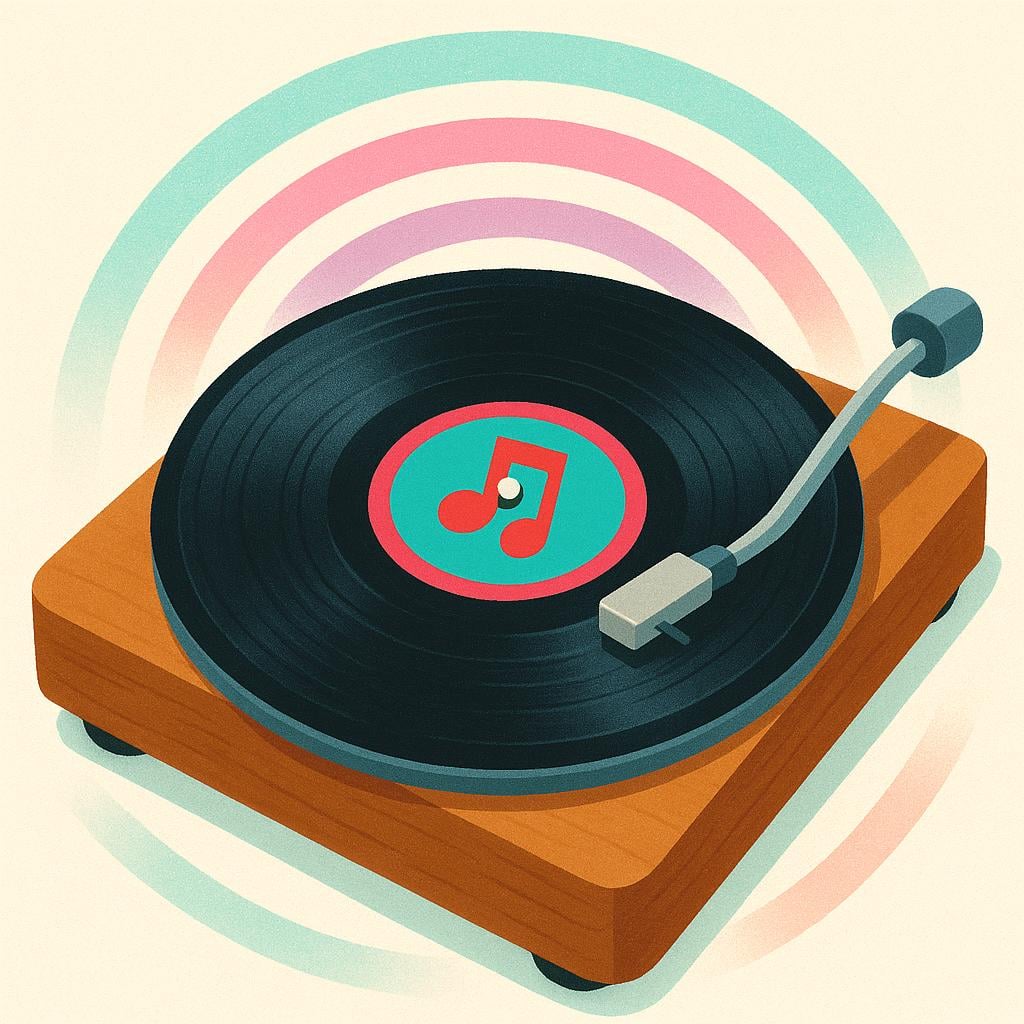 A vintage vinyl record with a vibrant, simple label spinning on a turntable, surrounded by radiating concentric circles of light symbolizing popularity and success.