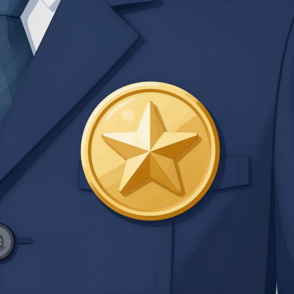 A shiny gold metal shield-shaped badge with a star in the center pinned to a dark blue fabric.