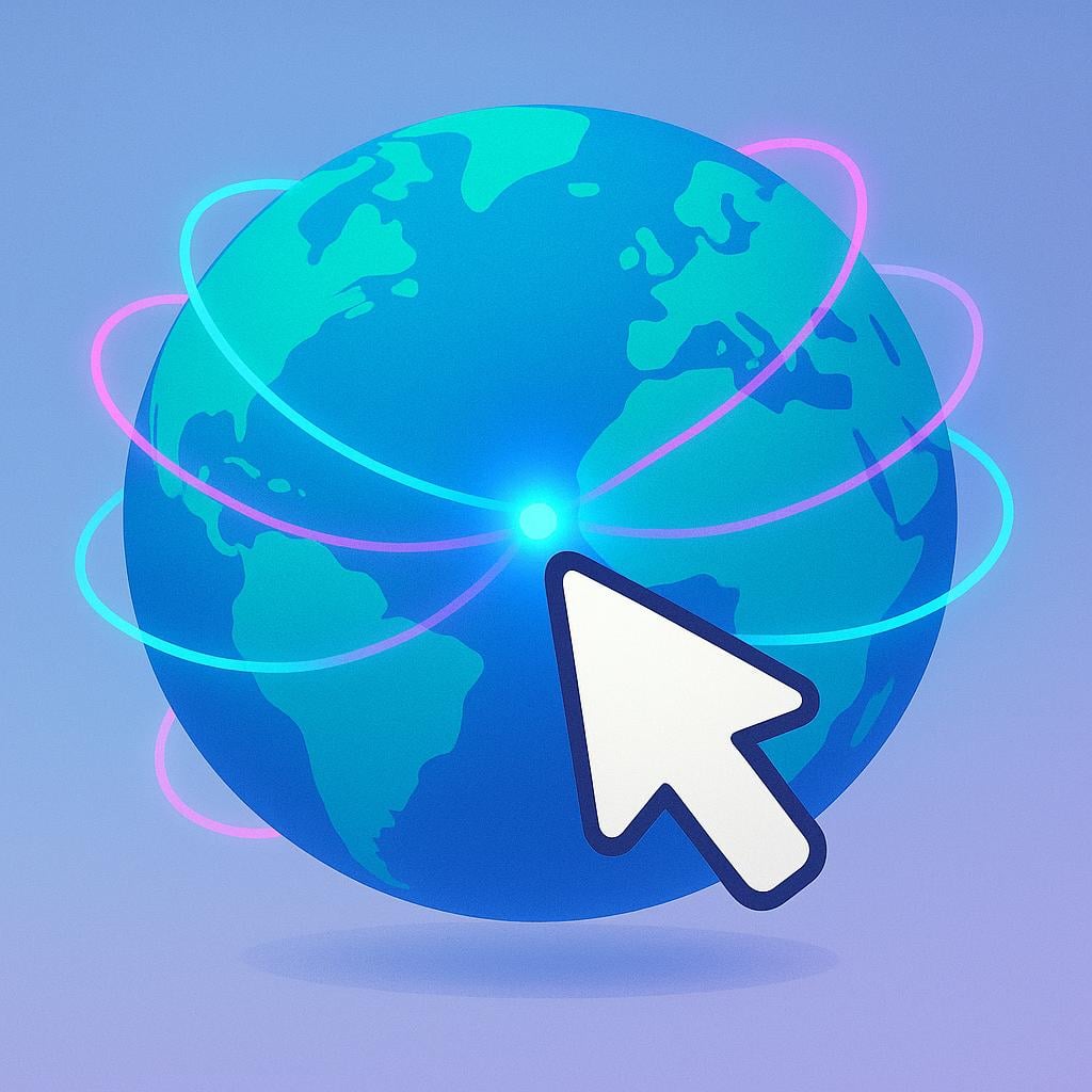 A brightly colored, simple illustration of a stylized globe connected by flowing light lines, with a large cursor icon pointing precisely to one glowing spot on the globe, representing a digital domain address.