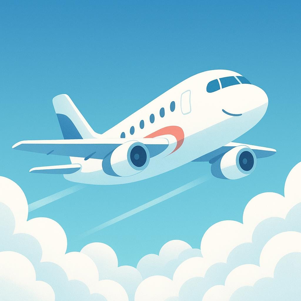 A white commercial passenger jet flying through a clear blue sky above soft white clouds.