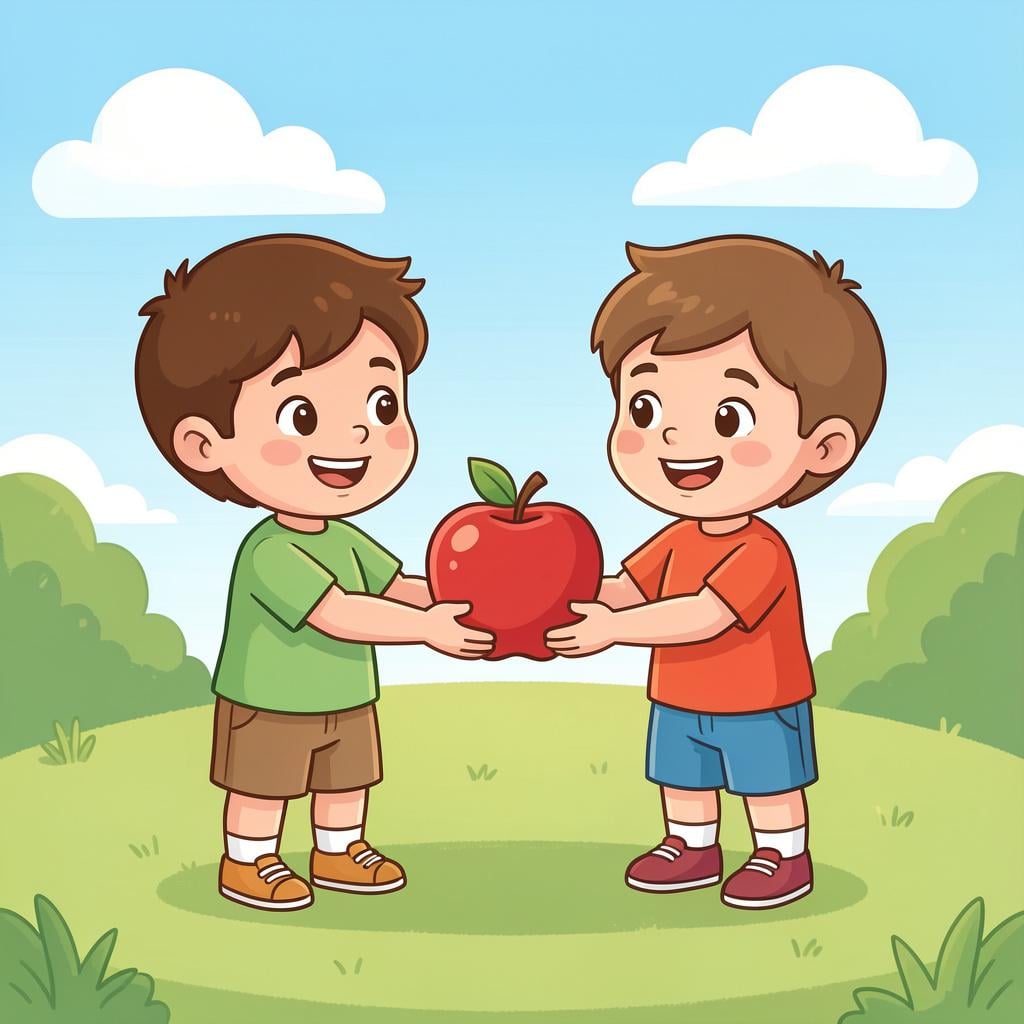 A friendly child sharing a bright red apple with another child.