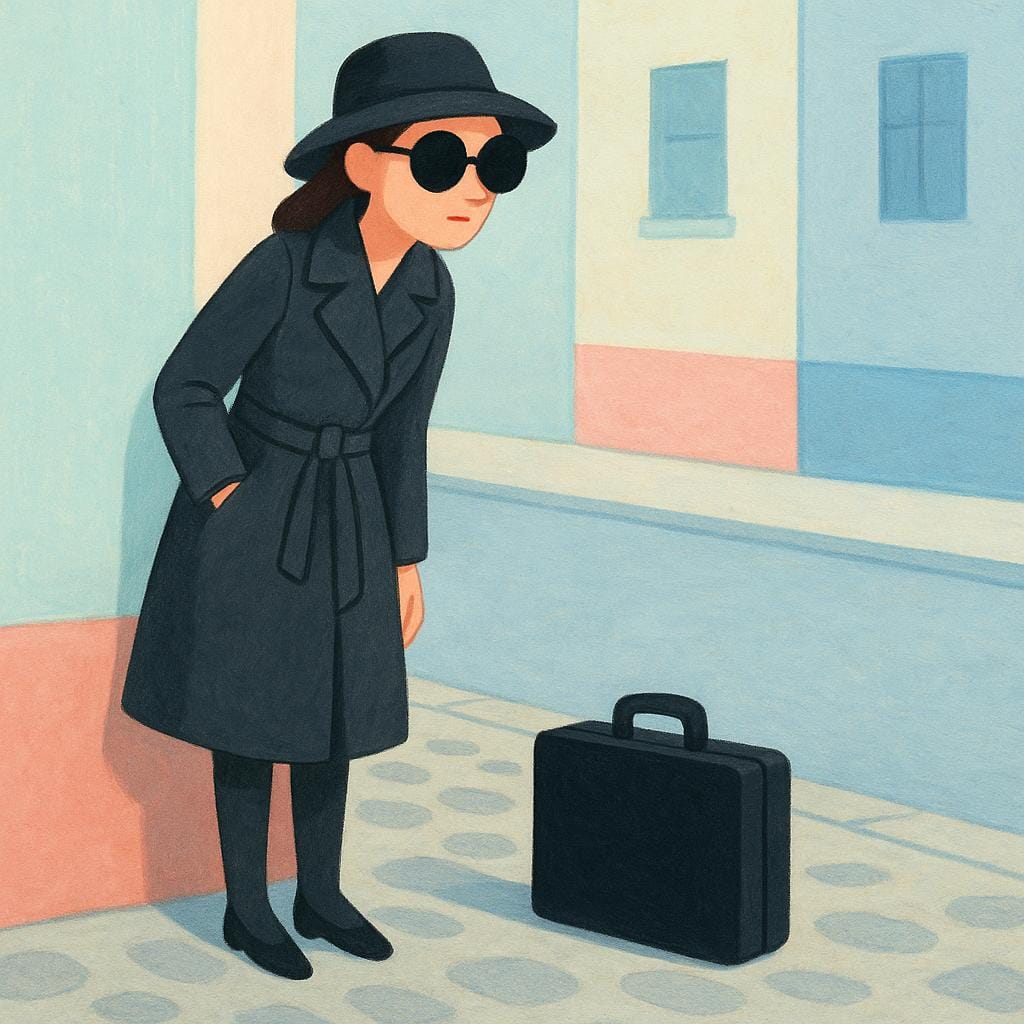 A female spy or secret agent wearing a dark trench coat and sunglasses stands next to a closed black briefcase, looking discreetly around the corner of a building.