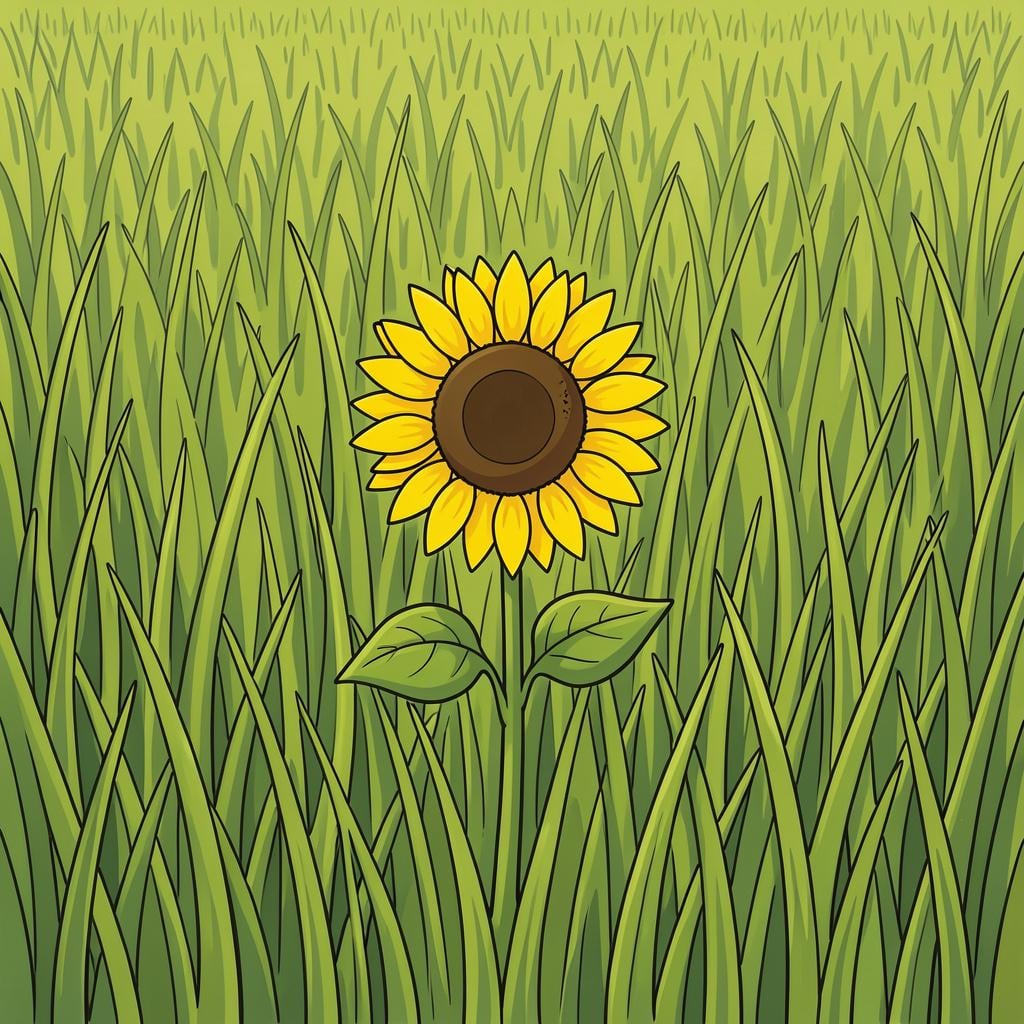 A single bright yellow sunflower standing in the center of a dense field of green grass.