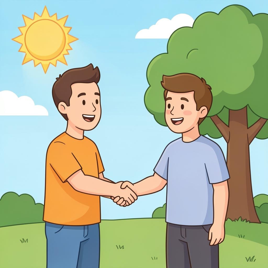 A person shaking hands with another person under a bright tree.
