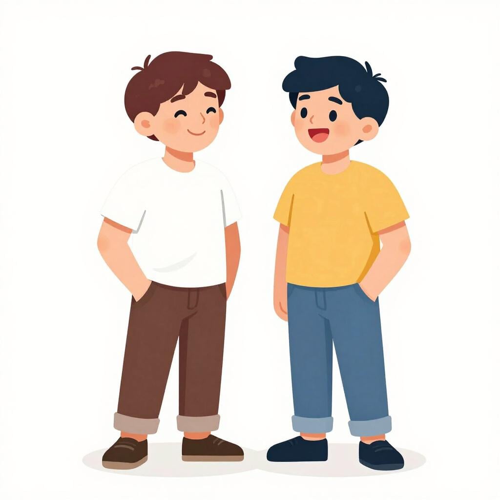 Two young men in casual clothing laughing and talking together as friends.