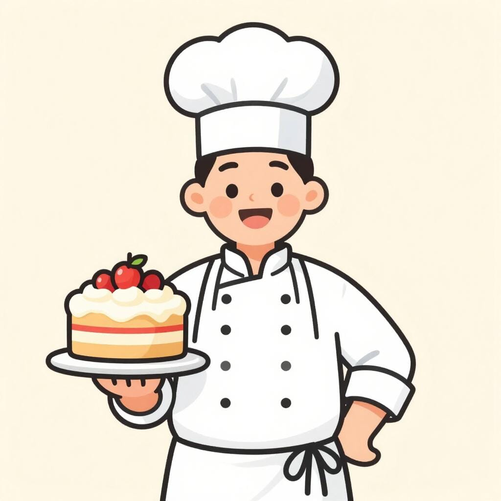 Eine Person mit Kochmütze und Schürze, die eine Silberplatte mit einem perfekt gebackenen Kuchen hält.