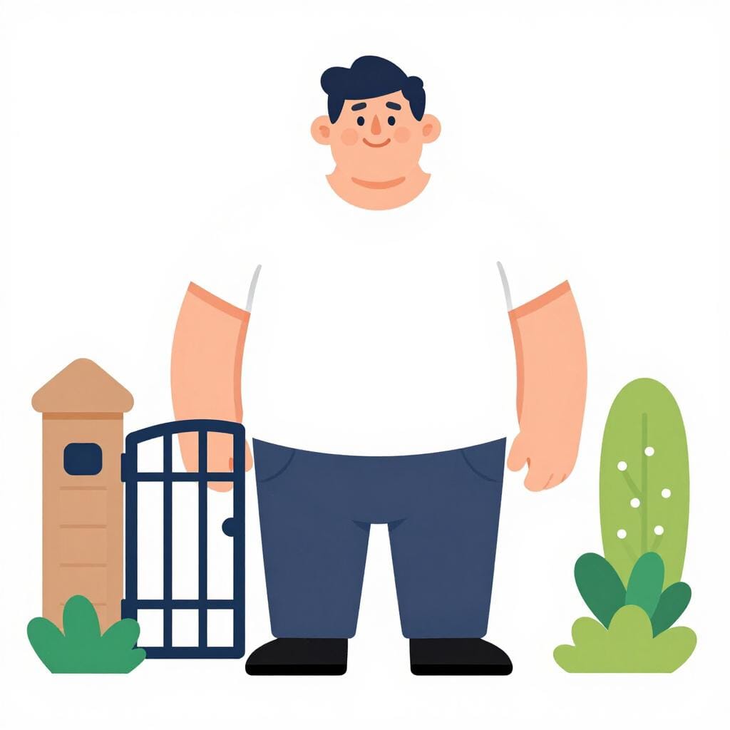 標準サイズの庭のフェンスの隣に立つ、緑色のセーターを着た、とても背が高くがっしりした親切な男性。