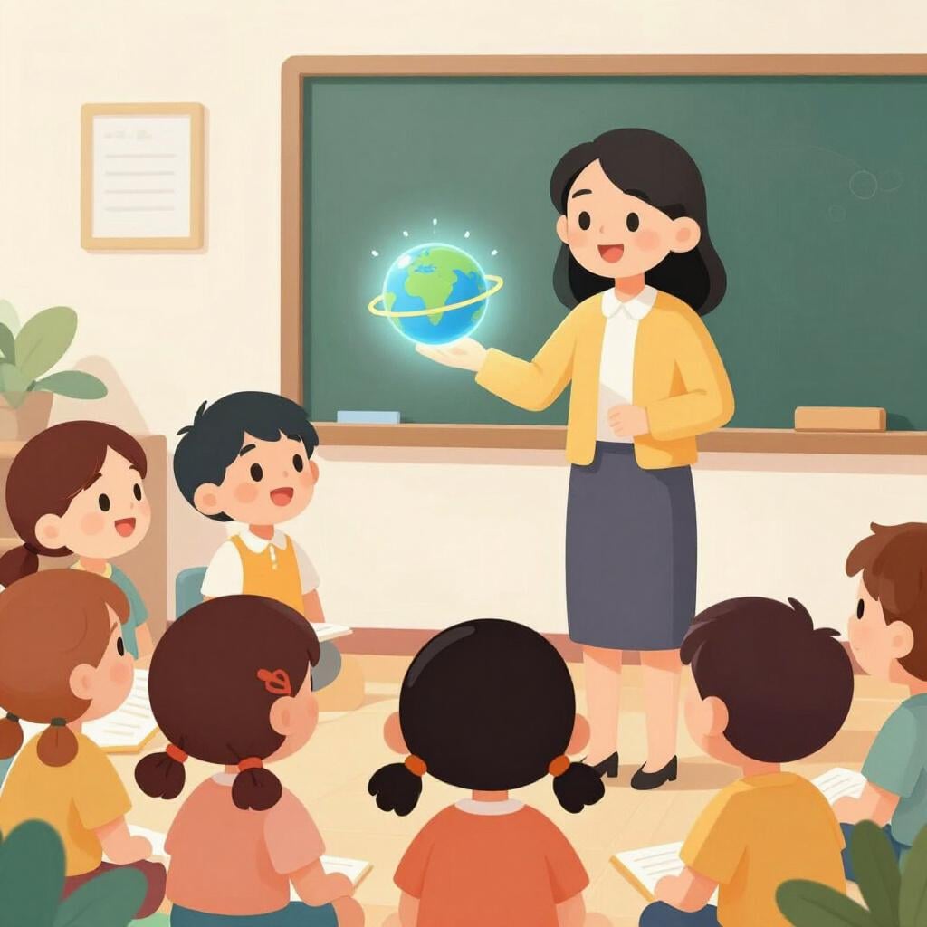 Un insegnante in piedi davanti a un gruppo di bambini, che tiene in mano un modello luminoso di un pianeta.