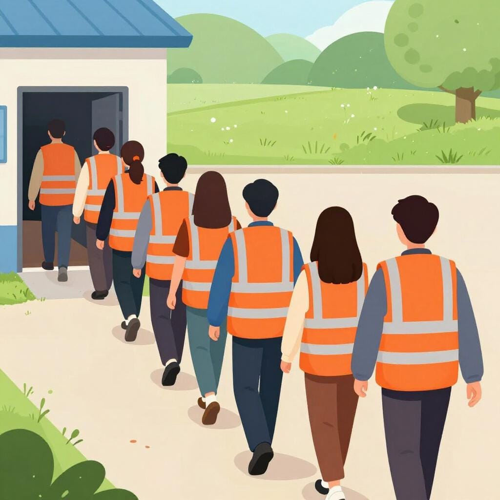 Un groupe de personnes portant des gilets de sécurité de couleur vive sortant calmement d'un bâtiment en file indienne.