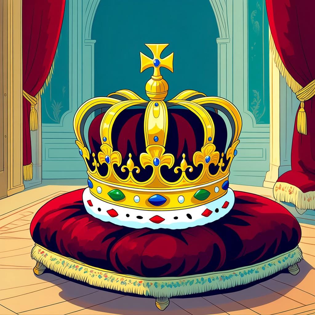 Uma coroa real magnífica e dourada repousando sobre uma almofada de veludo vermelho profundo.
