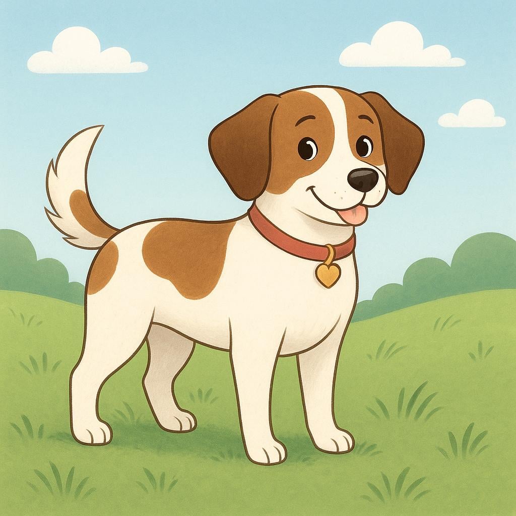 A brown and white female dog standing happily in a grassy field.