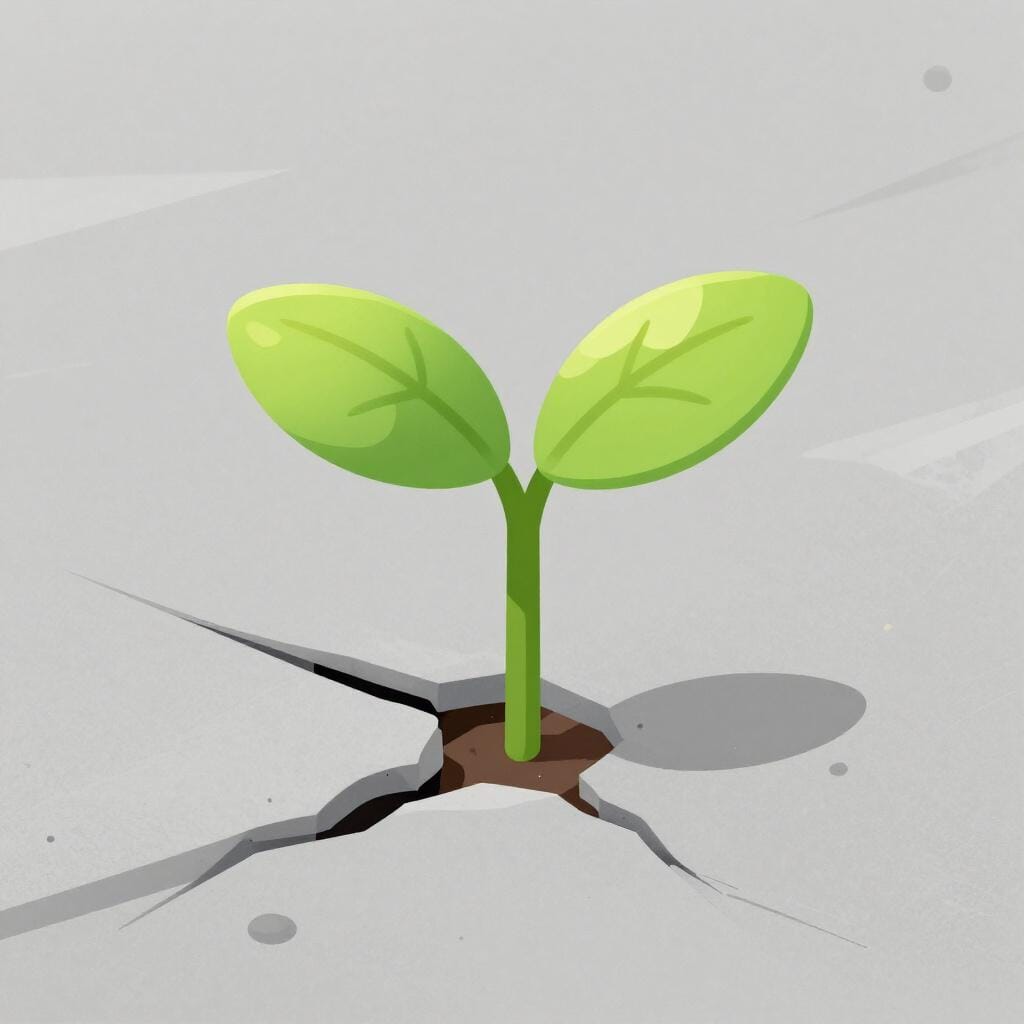 Un piccolo germoglio verde che cresce con successo attraverso una crepa in un duro marciapiede grigio.