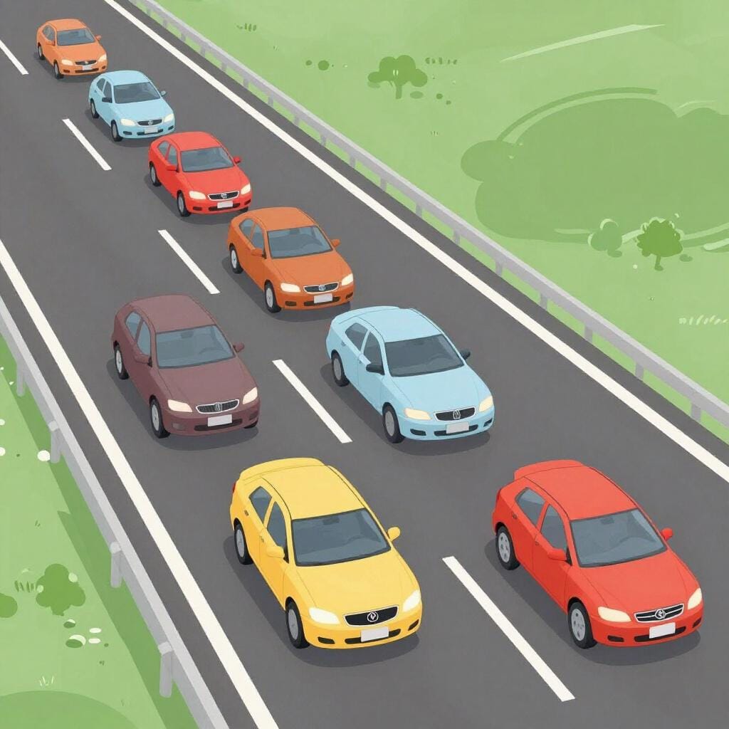 A long line of colorful cars stuck closely together on a road.