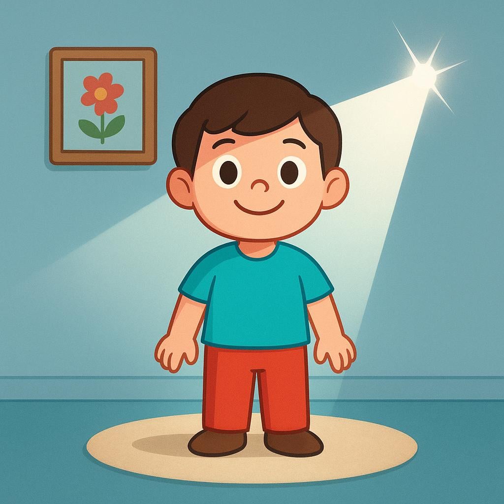 A stylized person standing still, posing and smiling, brightly illuminated by a distinct, sharp flash of light coming from the side, indicating a photograph is being taken.